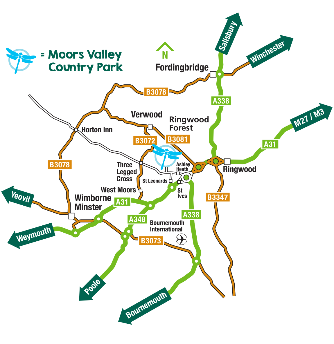 Map showing the location of Moors Valley Country Park and Forest