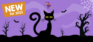 Black cat sitting in a spooky forest with a witch flying on a broomstick in the backround