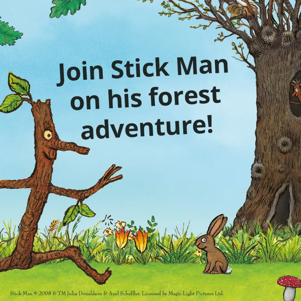 Illustration of Stick Man running through a forest with flowers, a tree, and a rabbit. Text reads, "Join Stick Man on his forest adventure!.