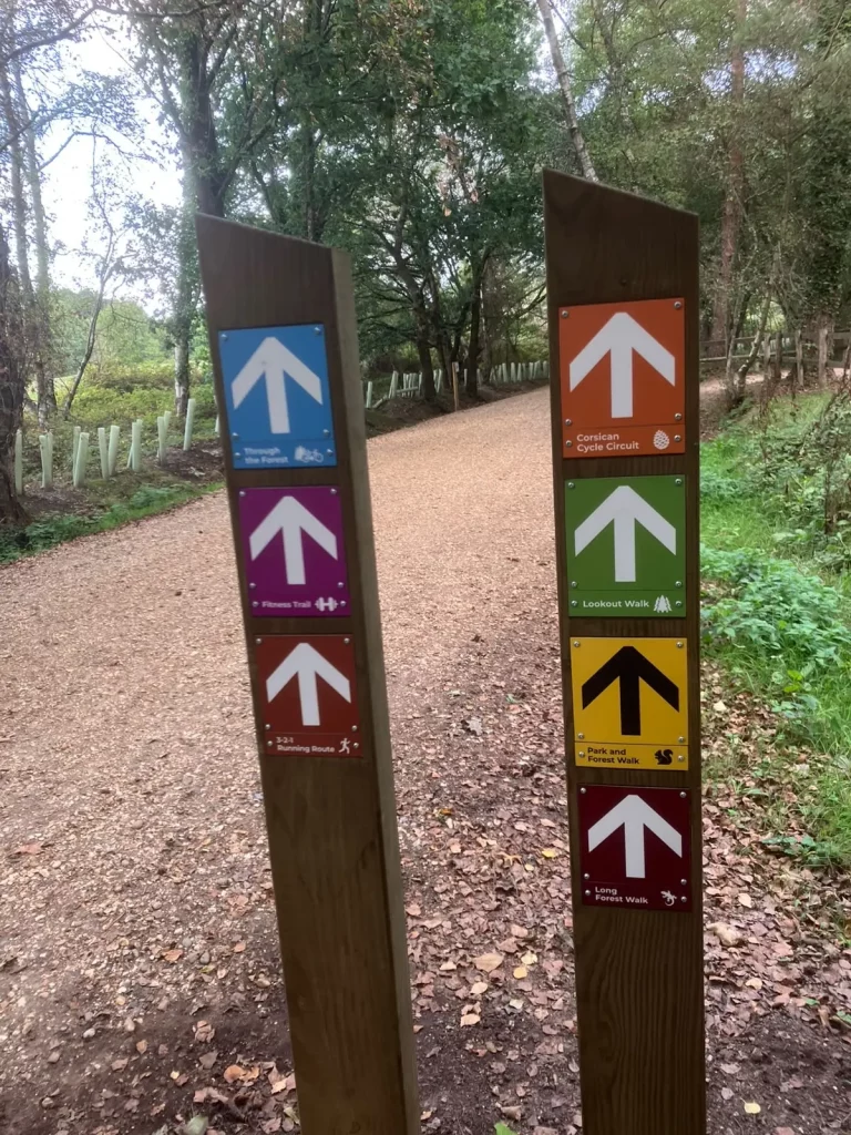 Woodland trail with two posts showing coloured route signs and arrows, each indicating different walking paths through a forested area. The path ahead is gravelled and surrounded by trees.