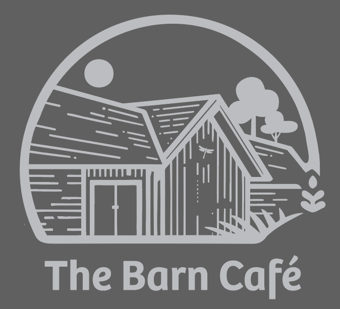 Logo of The Barn Café featuring a stylized barn, trees, and a sun on a gray background.