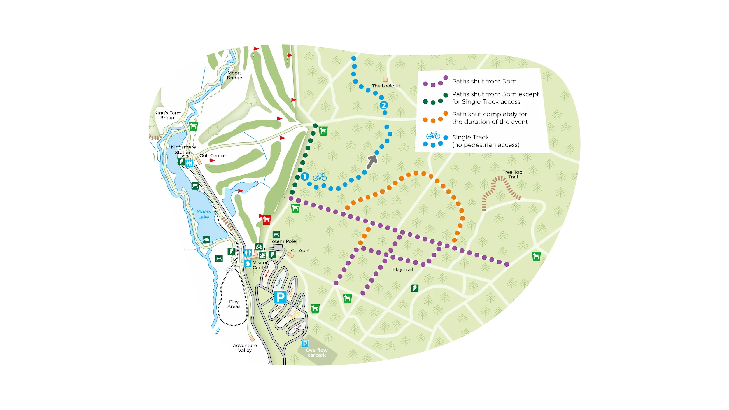 Map of path closures. The semi circular trail stating from the Green Man bench, curving towards the Tree Top Trail will be closed between 17 October and 8 November. The Tree Top Trail will still be accessible via the main trail from the totem pole before 3pm. 